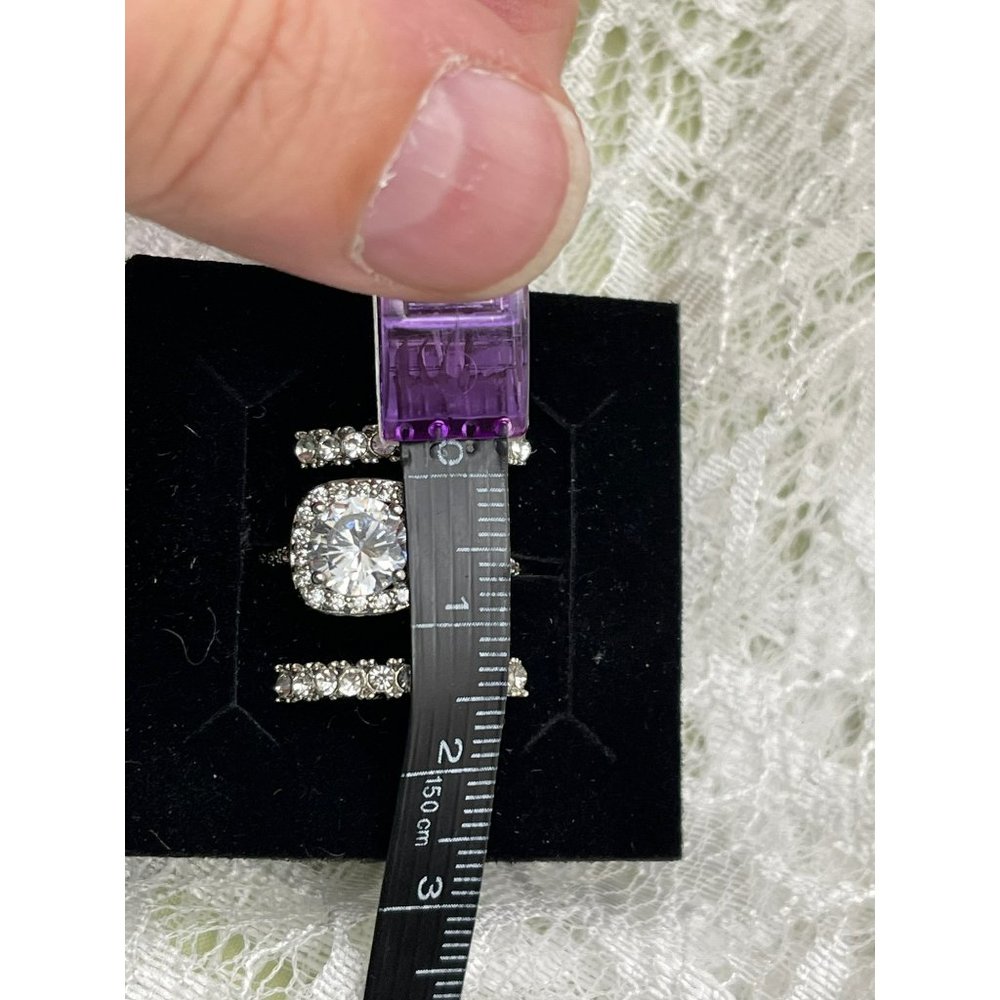 Square Halo Round Cut Faux Diamond Ring & Stacked Ring Set Silver 925- 3 Rings - Picture 10 of 11